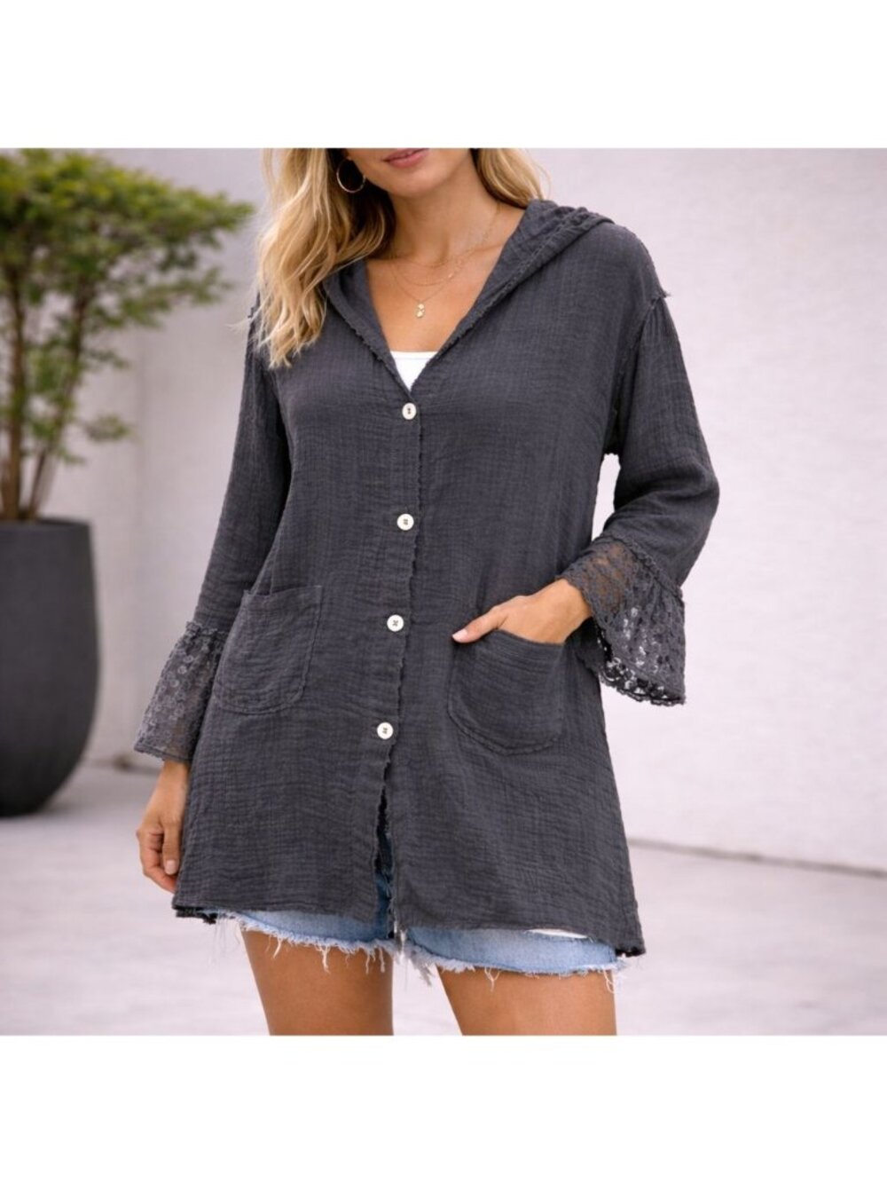 Jaded Gypsy Hooded Boho Tunic Top Gray Size S/M Lagenlook Distressed Grunge